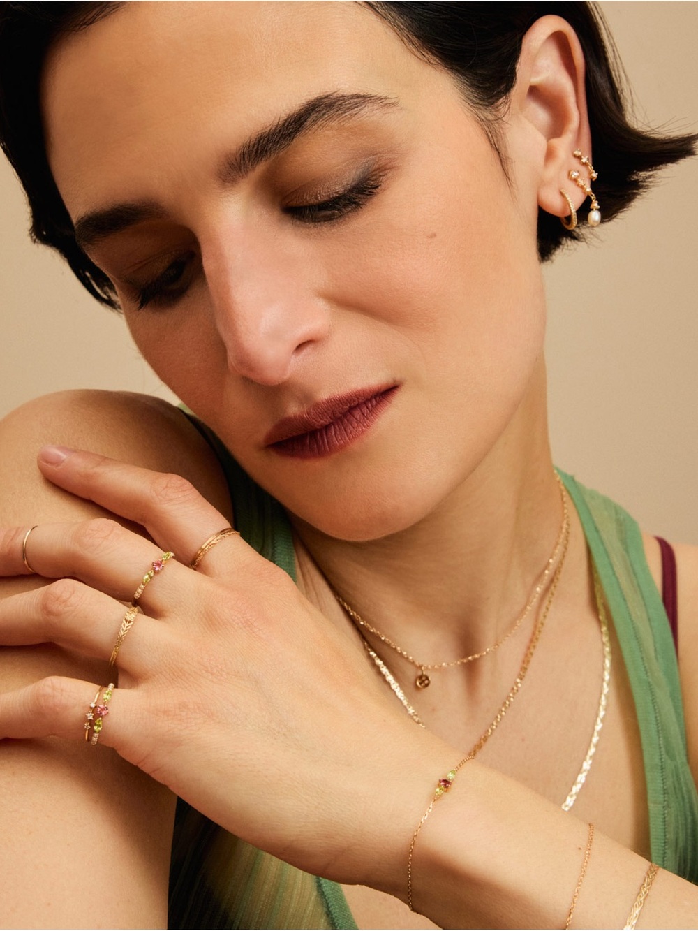 Gold Layered Necklace with Pink Accent Beads Fashion Designer